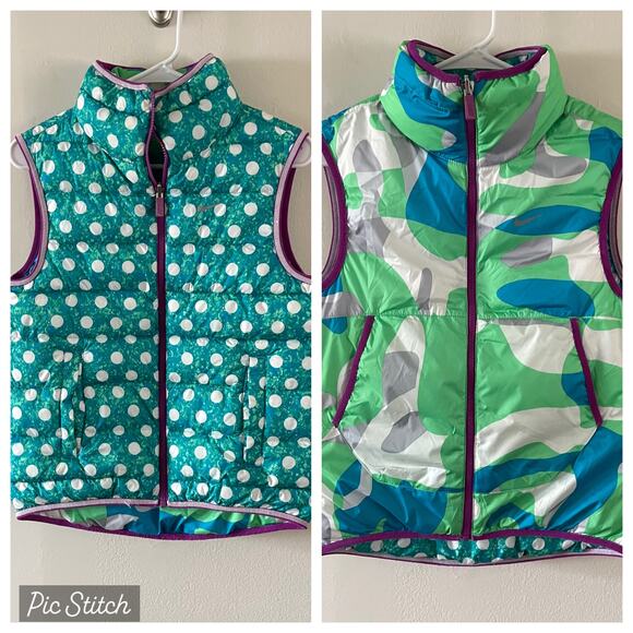 Nike Girls Alliance Graphic Reversible Puffer Vest Polka Dot Camo Size Large - Picture 1 of 11